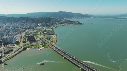 Pedro Ivo Campos Bridge in Florianopolis on a bustling day with heavy traffic. photo