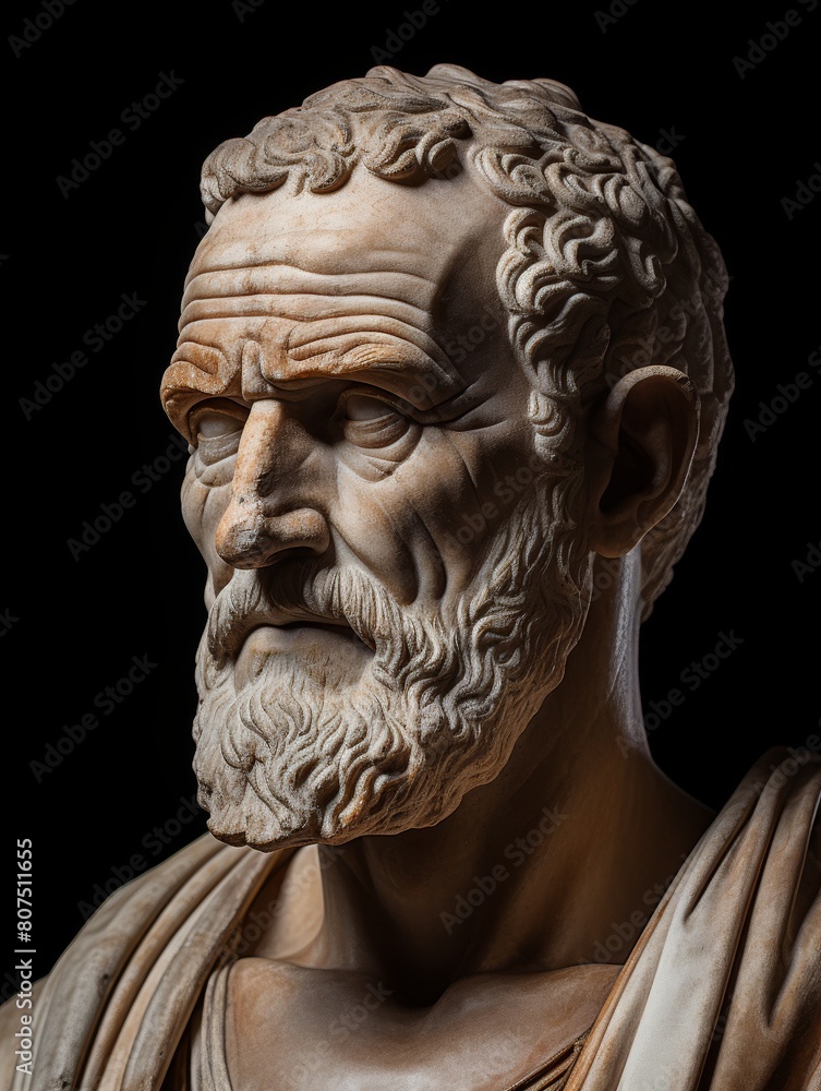 Weathered stone bust of an ancient philosopher