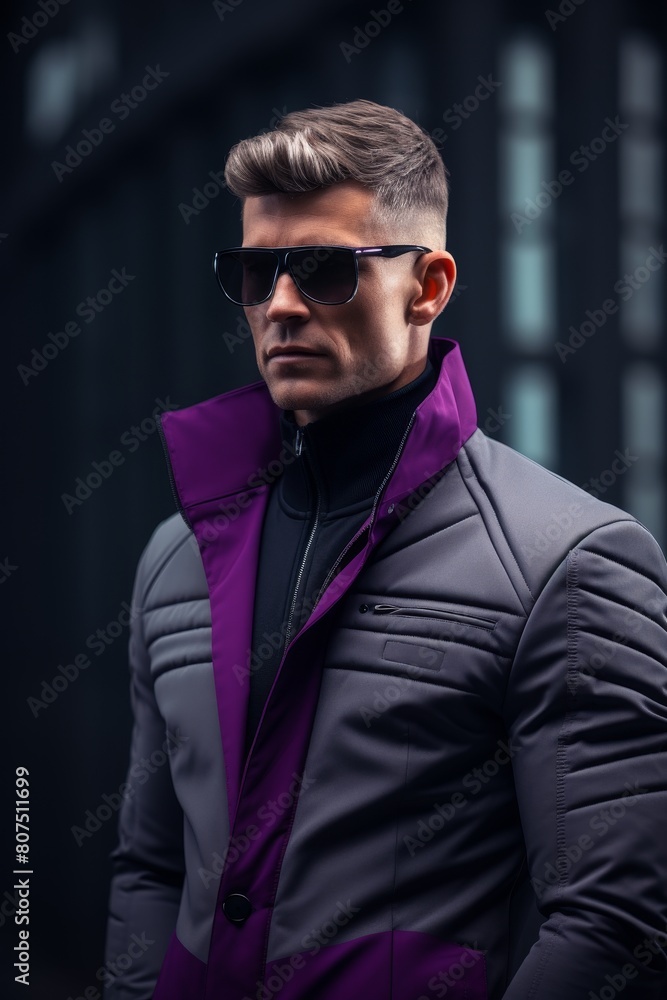 Obraz premium Stylish man in purple and gray winter coat