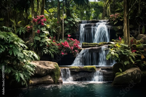 Lush tropical waterfall in a verdant jungle landscape