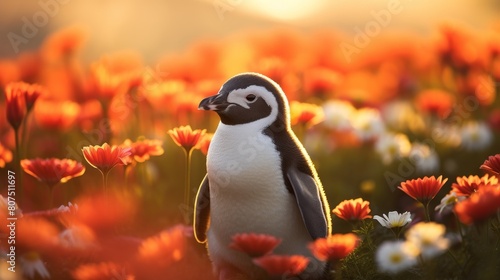 Adorable penguin in a field of vibrant flowers