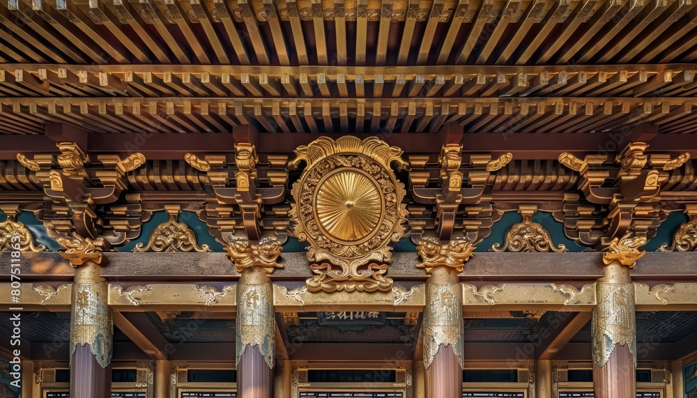 Gold corner art at an Asian Buddhism temple features serene and spiritual elements that reflect ancient religious practices, Sharpen art