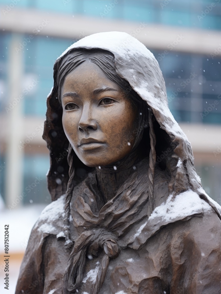 Snowy statue of a woman in traditional clothing Snowy statue of a woman in traditional clothing