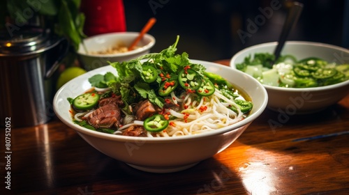 Delicious Vietnamese pho noodle soup with beef and fresh vegetables