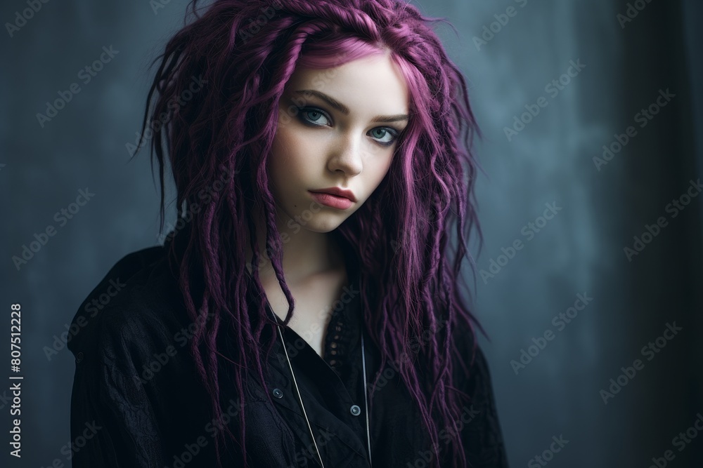 Mysterious woman with vibrant purple hair