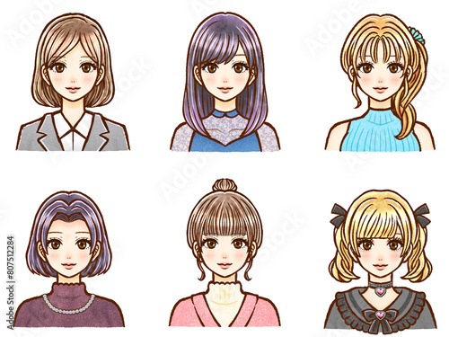 様々な髪型のお洒落な大人女性のイラスト素材セット