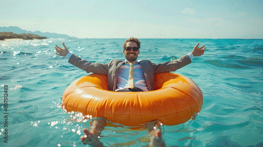custom made wallpaper toronto digitalA happy man with outstretched arms on an inflatable circle in the sea. An unforgettable summer vacation with adventures.