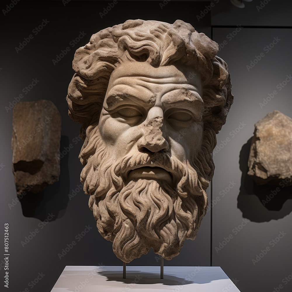 ancient stone sculpture of a bearded man