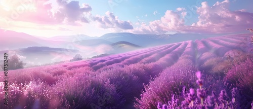Lavender fields on gentle slopes create a soothing  picturesque scene  Sharpen banner template with copy space on center