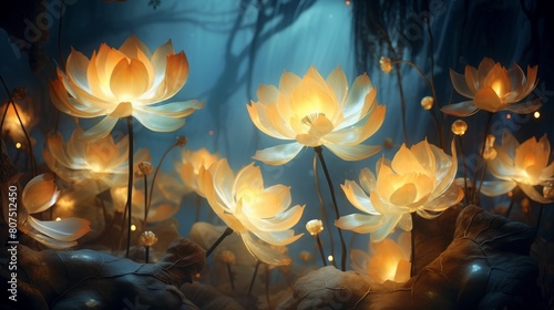 glowing lotus flowers in mystical forest © Balaraw
