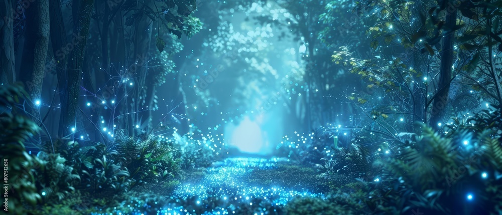 Mystical forest with bioluminescent plants lights up the pathway to an ...