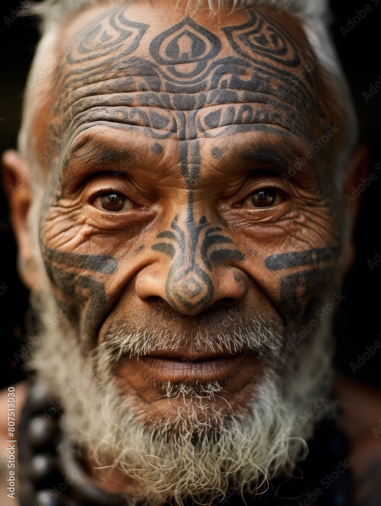 Mature man with intricate tribal tattoo on face