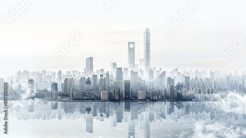 cities with world's tallest skyscrapers reflected in calm waters under a white sky #807513020