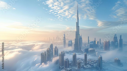 cities with world's tallest skyscrapers against a blue sky with white clouds #807513026