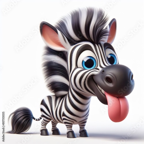 a photorealistic whimsical cartoon zebra with a mischievous grin. The zebra has blue eyes and long fur