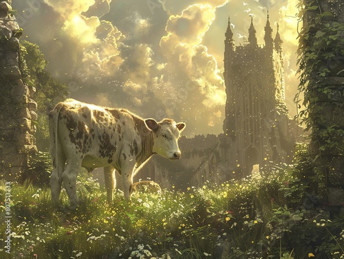 A calf exploring near a gate of light that casts a warm glow over the surrounding massive, ivyclad ruins photo