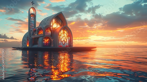 A hightech church on a floating platform, with holographic stained glass windows and solar panels reflecting the sunset photo