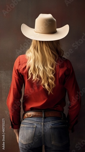 cowgirl in red shirt and jeans