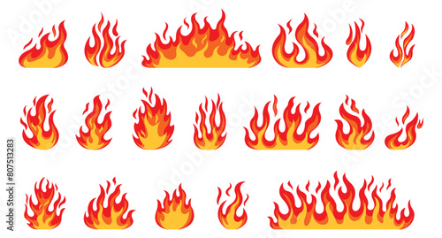 Fire flames, bright fireball, heat wildfire and red hot bonfire, campfire, red fiery flames isolated vector illustration set. Animated form and square, fireball and flame