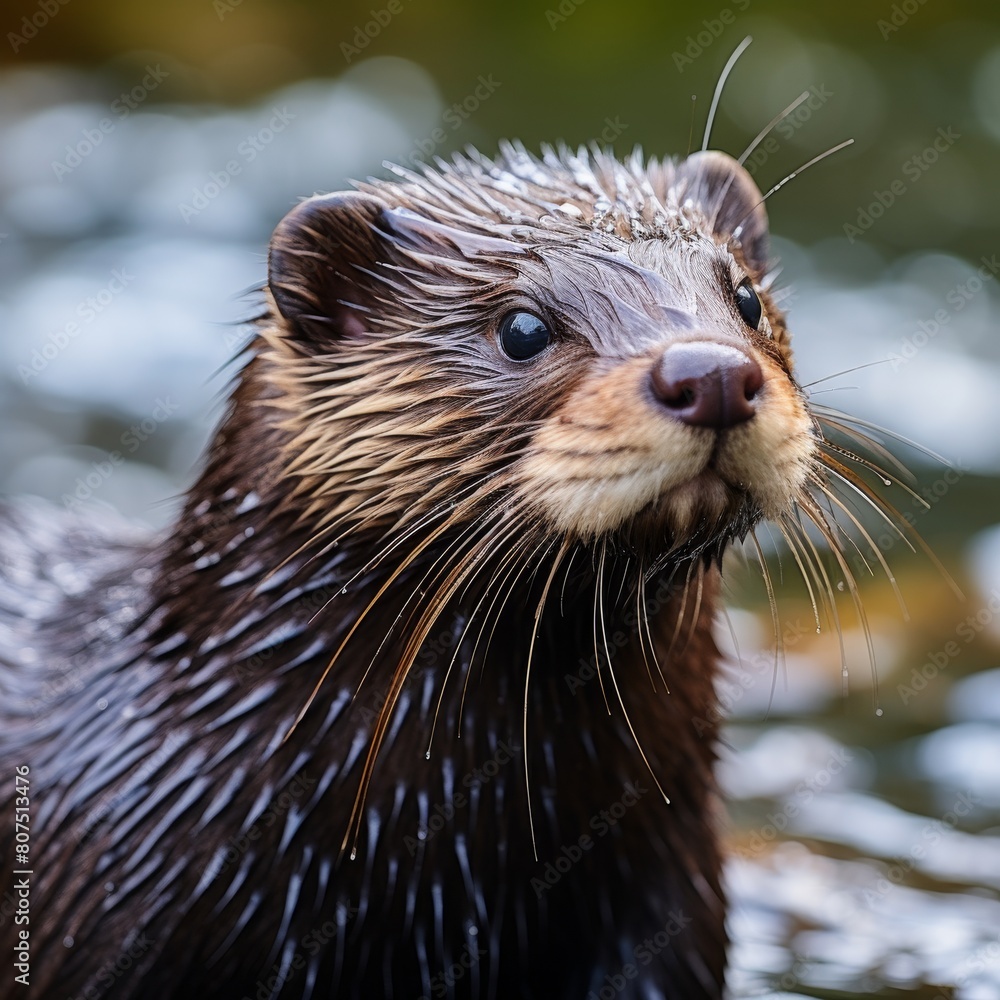 Close-up portrait of a wet otter with its distinctive whiskers and fur Close-up portrait of a wet otter with its distinctive whiskers and fur