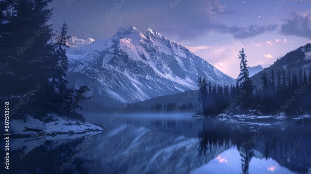 Starry night over serene mountain lake