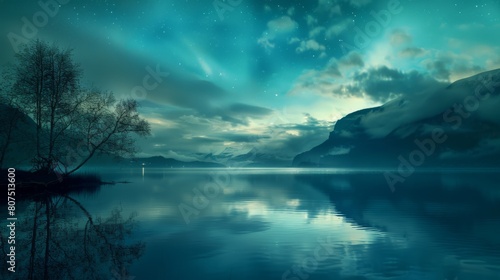 Starry night over a serene mountain lake