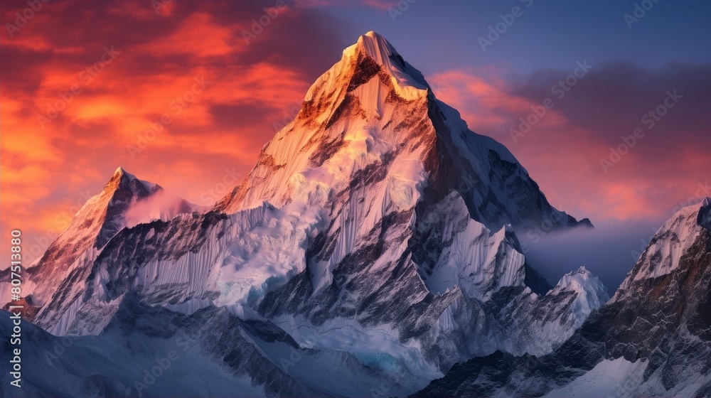 Majestic snow-capped mountain peak at sunset