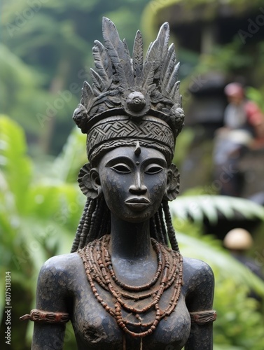 ancient tribal statue in lush jungle setting