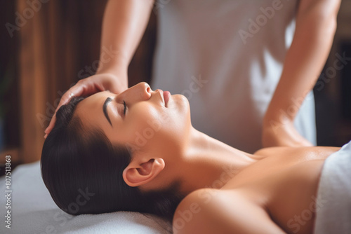 Client exhibiting satisfaction during face massage by a professional therapist. Therapeutic massage