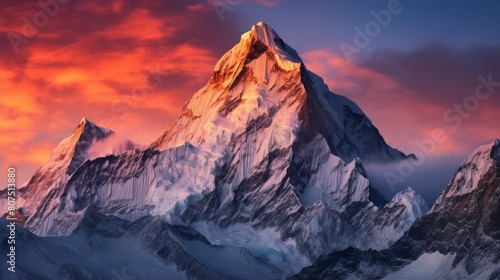 Majestic snow-capped mountain peak at sunset © Balaraw