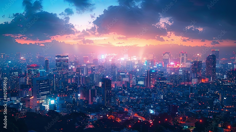 cityscapes with glowing night lights in the distance