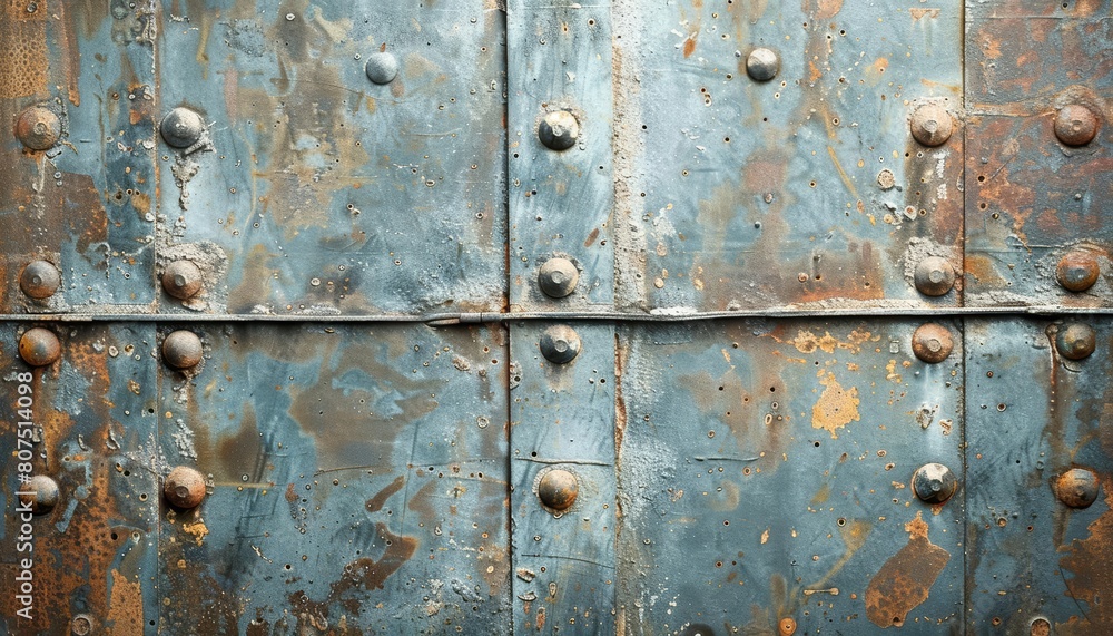 The rustic metal background with rivets and weathered patina tells a story of time and endurance, sharpen background texture with copy space The rustic metal background with rivets and weathered patina tells a story of time and endurance, sharpen background texture with copy space
