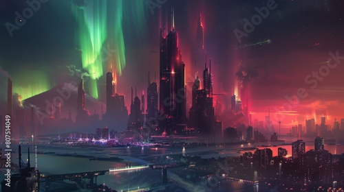 A futuristic cityscape bathed in neon auroras and twilight hues photo