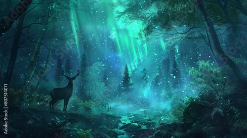 A majestic stag in an enchanted forest basking in ethereal blue light