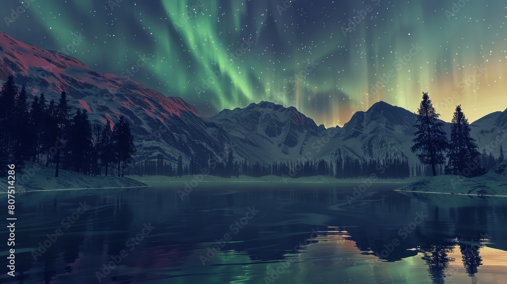 A serene lake mirrors the dance of auroras above snowy mountains