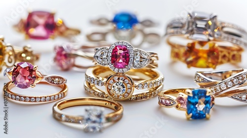 Assortment of vibrant rings showcased elegantly against a white background, showcasing their beauty and craftsmanship.