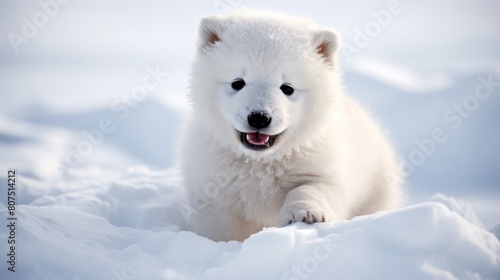 Adorable white puppy playing in the snow