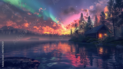 A serene cabin under a vibrant aurora sky by the lakeside