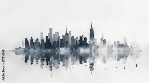 cityscapes with striking building silhouettes reflected in calm waters under a clear sky