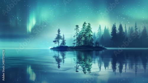 A serene island beneath a starlit sky with northern lights