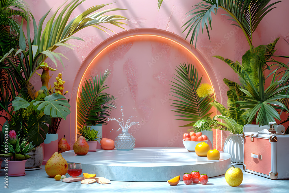 Empty stylish beach podium 3D mockup background for beauty product presentation concept. Summer copy space platform surrounded by palm leaves . Cosmetics, perfume or home goods sales advertising stand Empty stylish beach podium 3D mockup background for beauty product presentation concept. Summer copy space platform surrounded by palm leaves . Cosmetics, perfume or home goods sales advertising stand