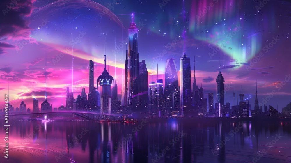 A vibrant futuristic cityscape bathed in neon auroras