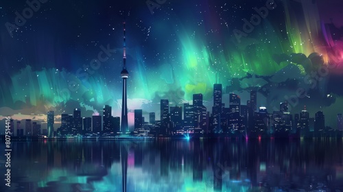 A vibrant cityscape under a magical aurora sky photo