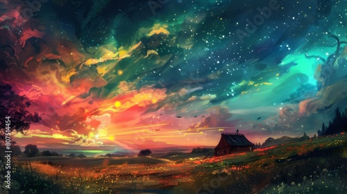 A vibrant dreamlike landscape under a swirling cosmic sky