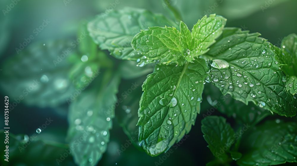 Mint leaves with droplets against a minty hue Mint leaves with droplets against a minty hue