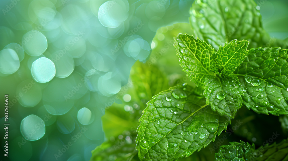 Mint leaves with droplets against a minty hue Mint leaves with droplets against a minty hue
