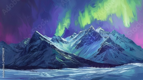 Auroras dance above snowy mountain peaks