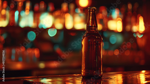 Chilled Beer Bottle on a Bar Counter at Night