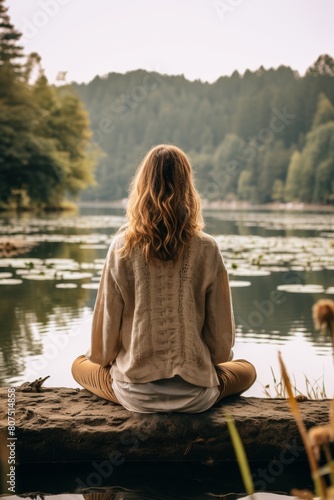 woman meditating by serene lake in forest © Balaraw