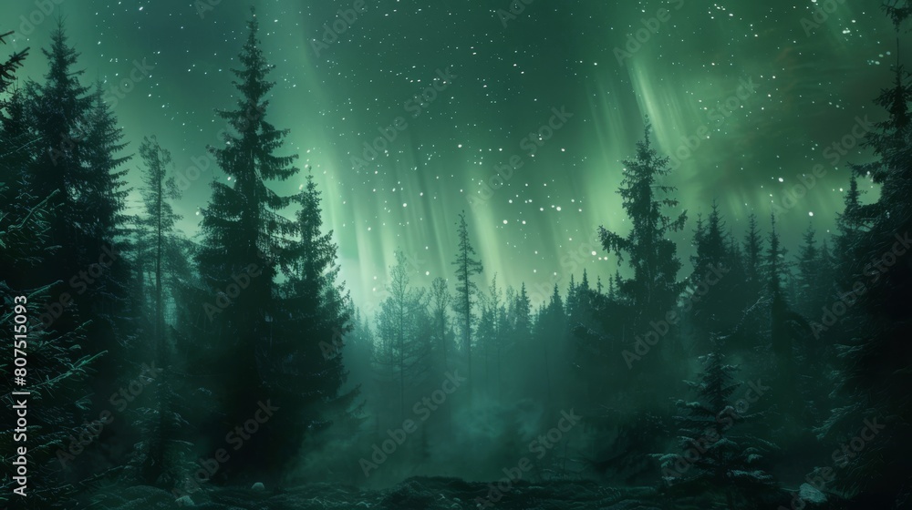 Enchanted forest under a mystical aurora lit sky Enchanted forest under a mystical aurora lit sky